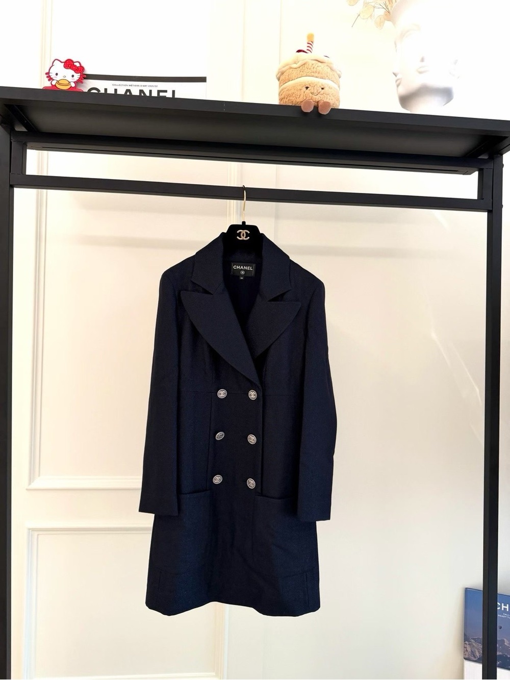 CHANEL Navy Double-Breasted Blazer Coat with Silver Buttons